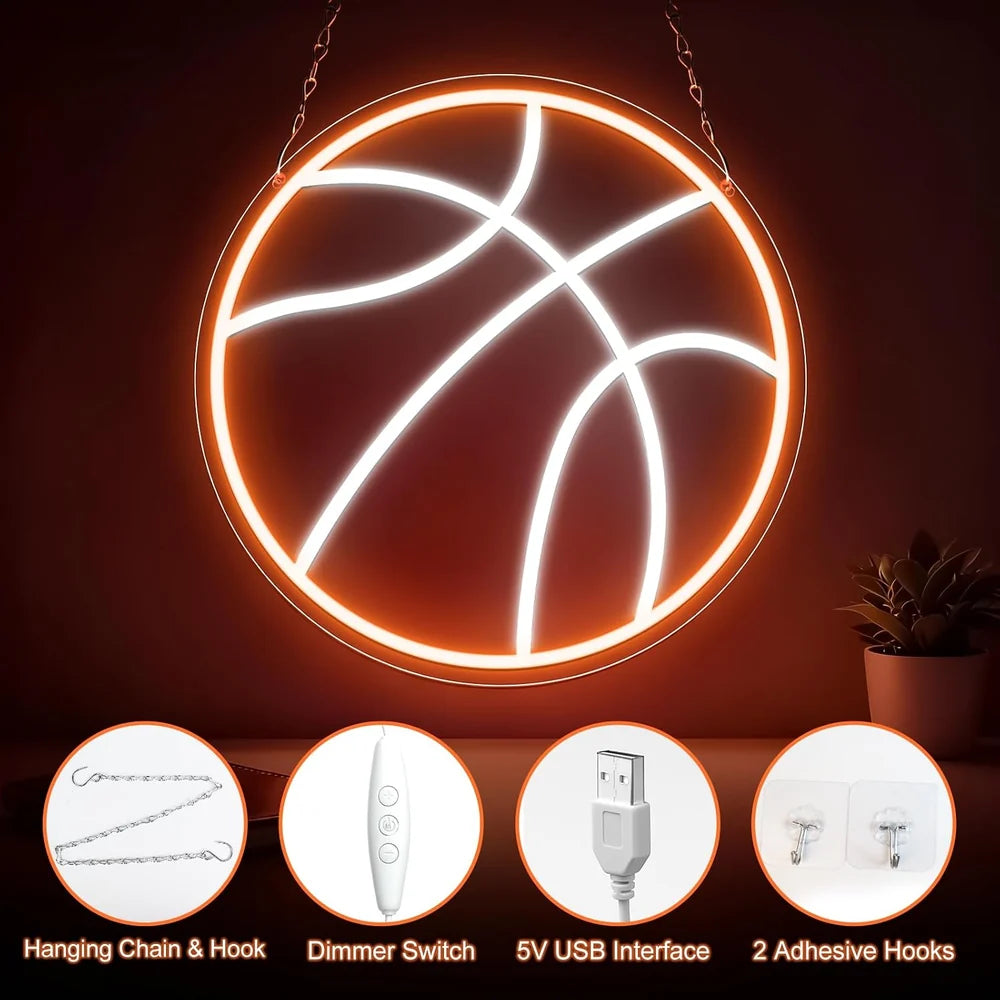 12.5×12.5 Inch Neon Wall Decor – Basketball Silicone Neon Sign – 5V USB Powered Dimmable Orange & White Glow LED Wall Light | Neon Lamp with Accessories Included | Hanging Sports Decor for Bedroom, Game Room, Bar & Party Spaces