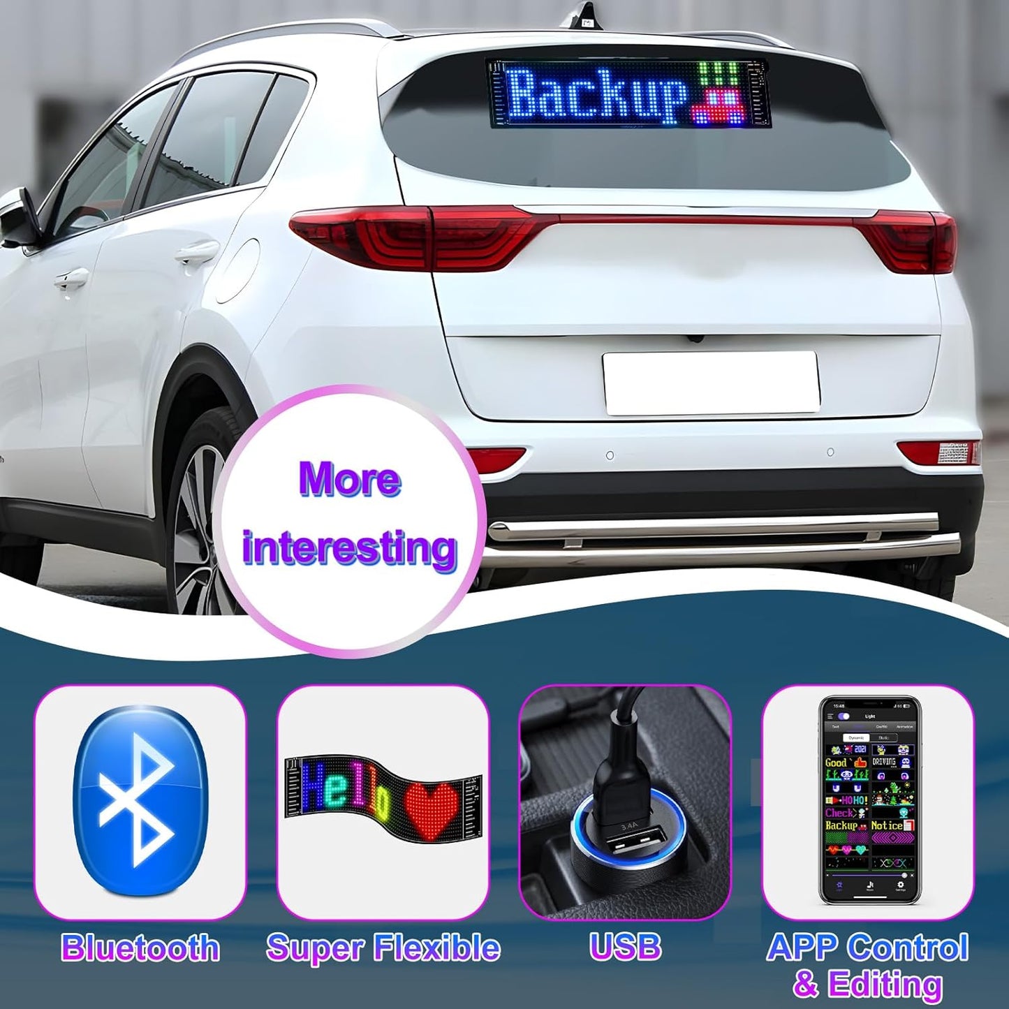 inShareplus 15''x4'' Flexible Scrolling LED Car Sign with USB, Bluetooth APP Control Car LED Sign, DIY Programmable, Custom Text, Pattern, Animation, Graffiti, LED Matrix Panel for Wedding Party