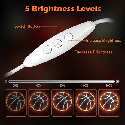 12.5×12.5 Inch Neon Wall Decor – Basketball Silicone Neon Sign – 5V USB Powered Dimmable Orange & White Glow LED Wall Light | Neon Lamp with Accessories Included | Hanging Sports Decor for Bedroom, Game Room, Bar & Party Spaces