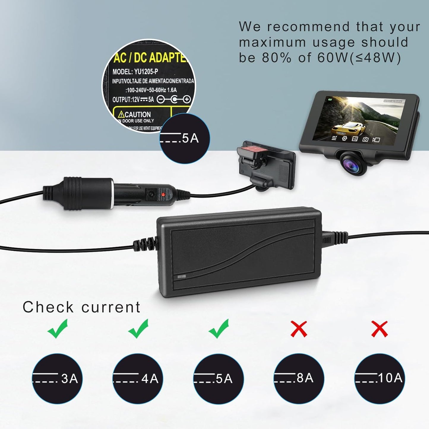 inShareplus 12V 60W AC to DC Converter, 220V to 12V 5A Car Cigarette Lighter Adapter to Wall Outlet Socket, 12 Volt Power Supply Transformer for Car Devices (MP3, Fan, Dash Cam ect.)