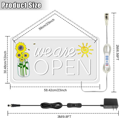 We Are Open Silicone LED Store Signs with Sunflower Decor | Warm White / Neutral White | 16.5 × 9 / 23×12 inch | 12V Plug & Play Storefront Neon Decor for  Store Entrances & Business Locations
