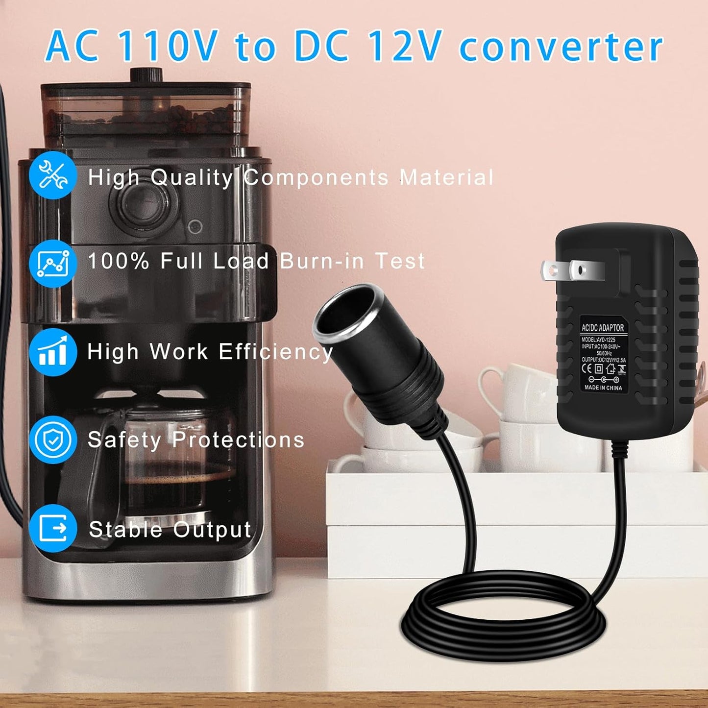 inShareplus 12V 2.5A 30W AC to DC Converter, 12 Volt Cigarette Lighter Adapter, 110V to 12V Car Lighter Adapter to Wall Outlet Adapter, 12V Power Supply for Car Devices (MP3, Fan, Dash Cam)