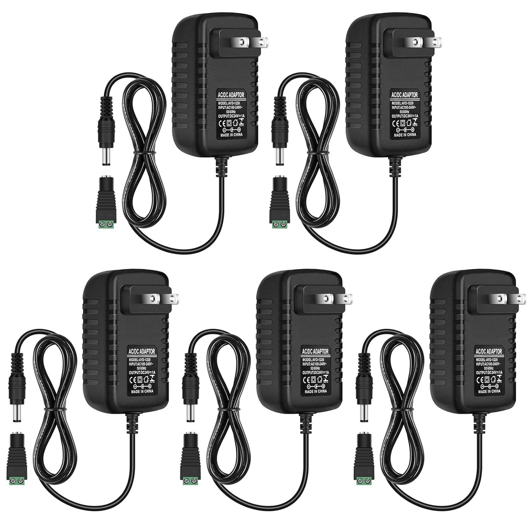 inShareplus 5er-Pack 24 V 1 A Netzteil, AC 100–240 V auf DC 24 Volt 24 W LED-Treiber, Niederspannungstransformator mit 5,5 mm x 2,1 mm DC-Stecker, Wandsteckeradapter für 24 V LED-Lichtstreifen und andere 24 V-Produkte 
