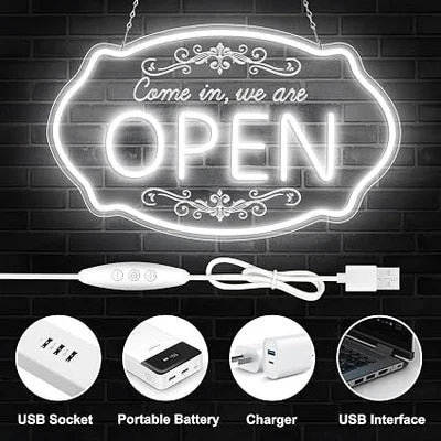 WE ARE OPEN COME IN LED Silicone LED Store Signs – 23.5×14 Inch & 16.5×10 Inch | 5V USB Powered Dimmable Light with Engraved Back Design for  Store Entrances & Business Locations