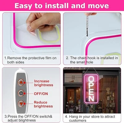OPEN LED Store Signs – 22.8×11.8 Inch | 12V Powered Pink & White Glow Light | Horizontal & Vertical Style with US Plug for  Store Entrances & Business Locations