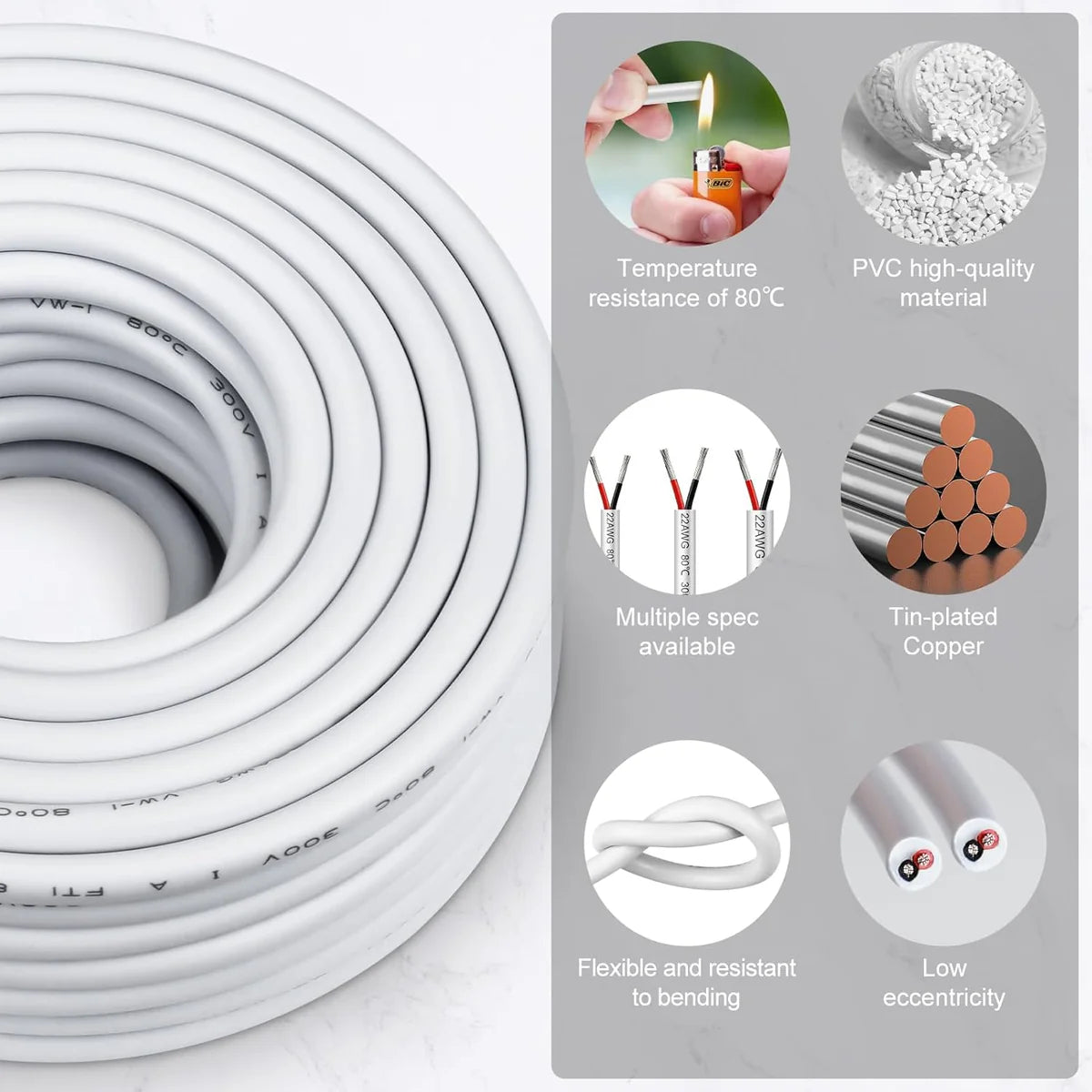 14 AWG PVC Insulated Copper Wire, 2–8 Conductor Stranded Tinned Copper Industrial Electrical Cable – White Flexible Control Cable for Electrical Wiring Systems, Signal Transmission & Bulk Industrial Supply – 5/10/20/50m Options