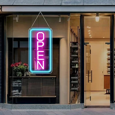 Vertical OPEN LED Store Signs – USB Powered | 16×9 inch | 5 Color Options | LED Window Hanging Light for  Store Entrances & Business Locations