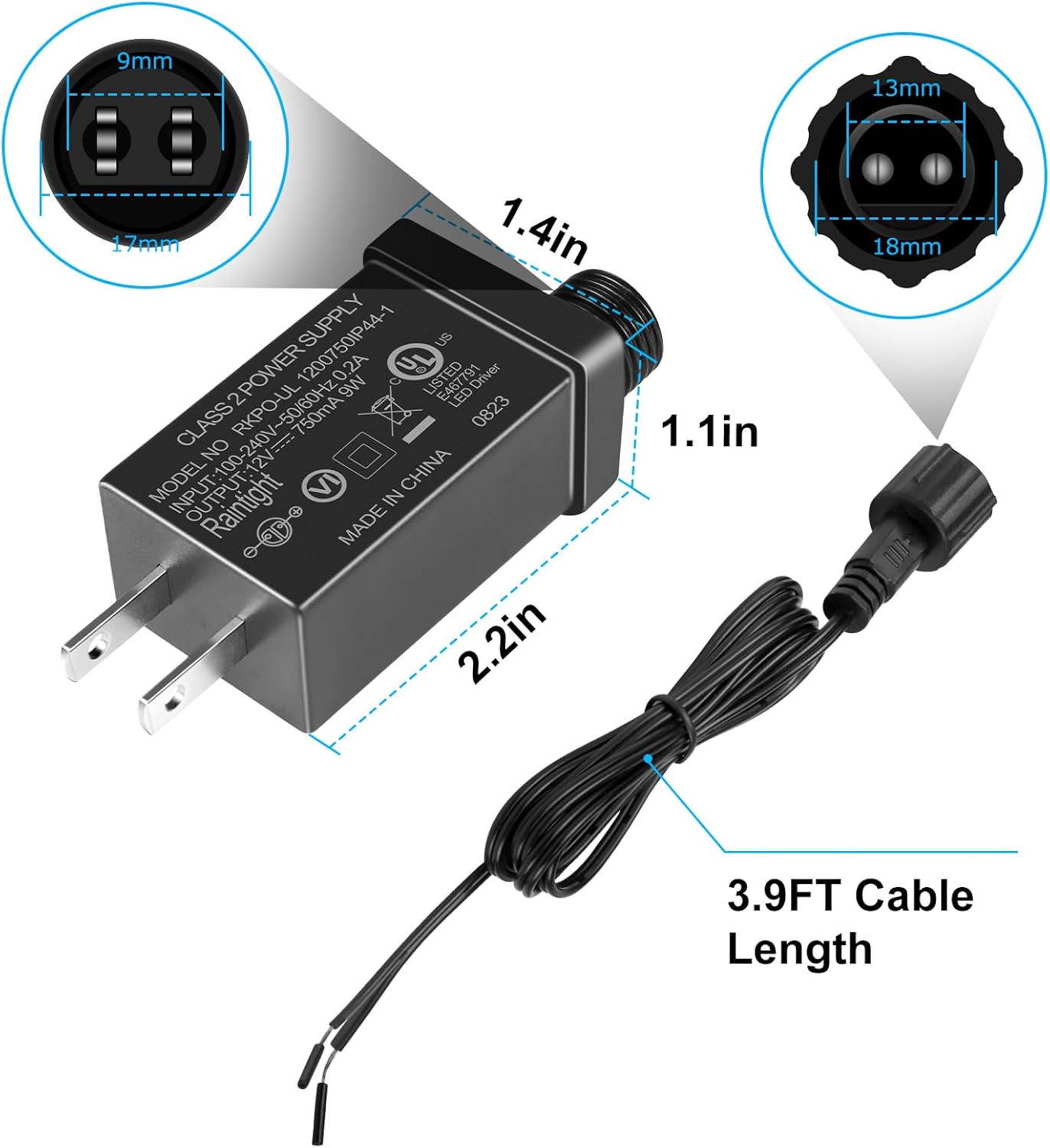 2.7W IP44 Class 2 Plug-in Power Adapter, AC 100–240V to DC 4.5V Adapter Transformer - Waterproof Power Supply for Outdoor String Lights, Holiday Decorations and Decorative Lighting