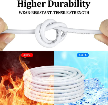 18 AWG PVC Insulated Copper Wire, 2–8 Conductor Stranded Tinned Copper Electrical Cable – White Flexible Wire for LED Installation – 5/10/20/50m (16.5ft–165ft)