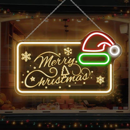 16.5×10 Inch Neon Wall Decor– MERRY CHRISTMAS Silicone Neon Sign with Santa Hat | Yellow, Red, Green & White Glow Neon Lamp with Accessories Included | Hanging Holiday Decor for Christmas Party, Bedroom & Home Spaces