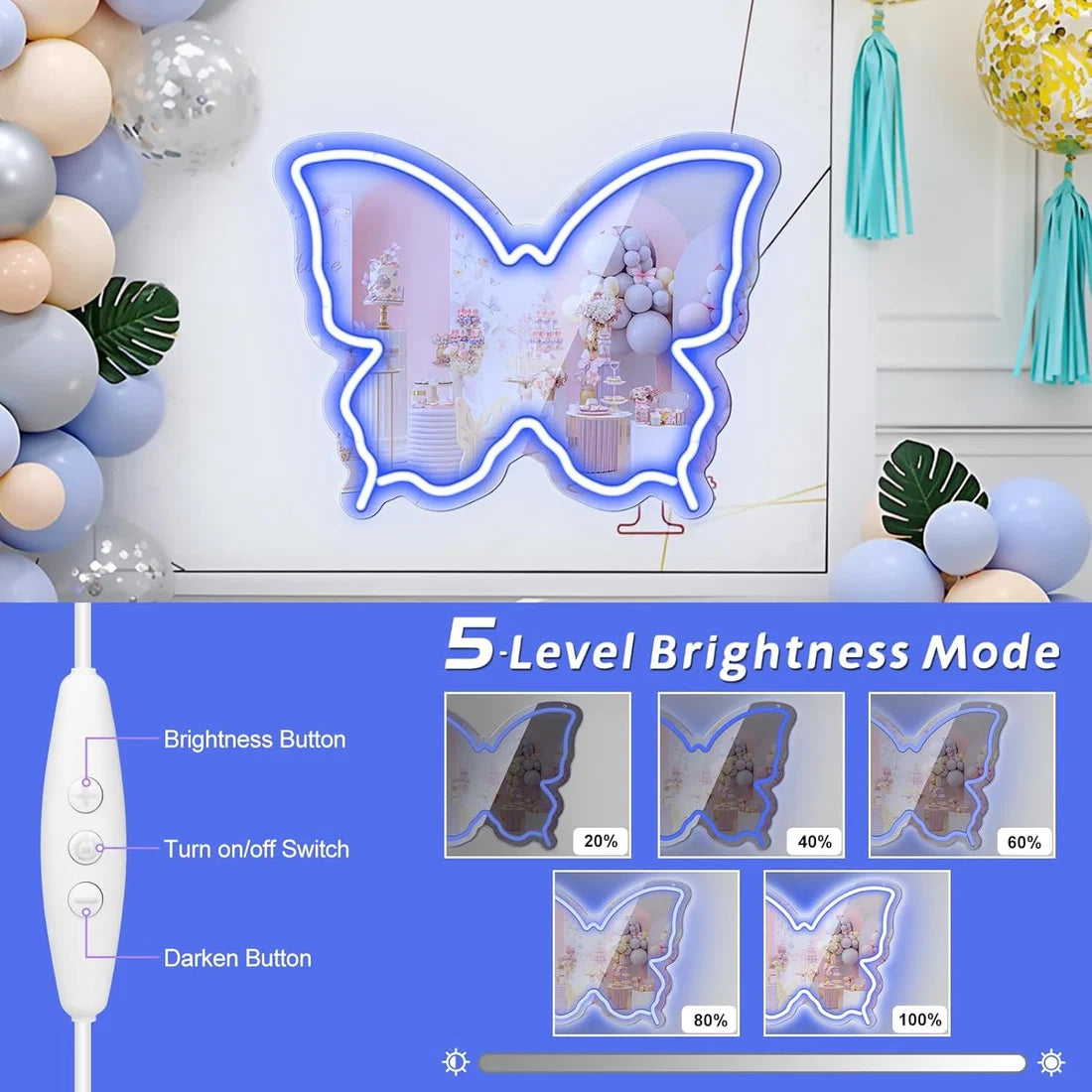 Blue Butterfly - Beauty Mirror Signs – 15.7×12 inch Neon Outline | USB Powered | Perfect for Makeup Stations, Bedroom Decor & Beauty Spaces