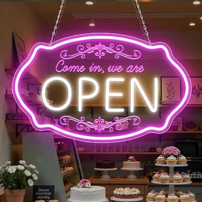 Come in We’re Open Silicone LED Store Signs – Pink + White Glow | 16.5 × 10 inch | Window Hanging Business Sign |Plug & Play for  Store Entrances & Business Locations