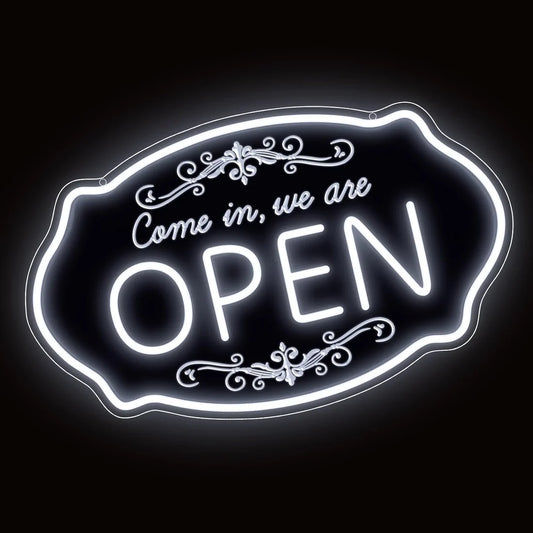 WE ARE OPEN COME IN LED Silicone LED Store Signs – 23.5×14 Inch & 16.5×10 Inch | 5V USB Powered Dimmable Light with Engraved Back Design for  Store Entrances & Business Locations