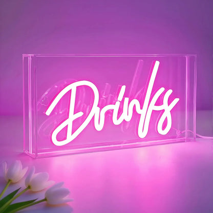 DRINKS Table LED Signs – Rectangular 11.8x5.9 inch | Warm White/Pink | USB Powered | Tabletop Display | For Coffee Stations, Beverage Counters, Lounge Spaces & Entertainment Areas