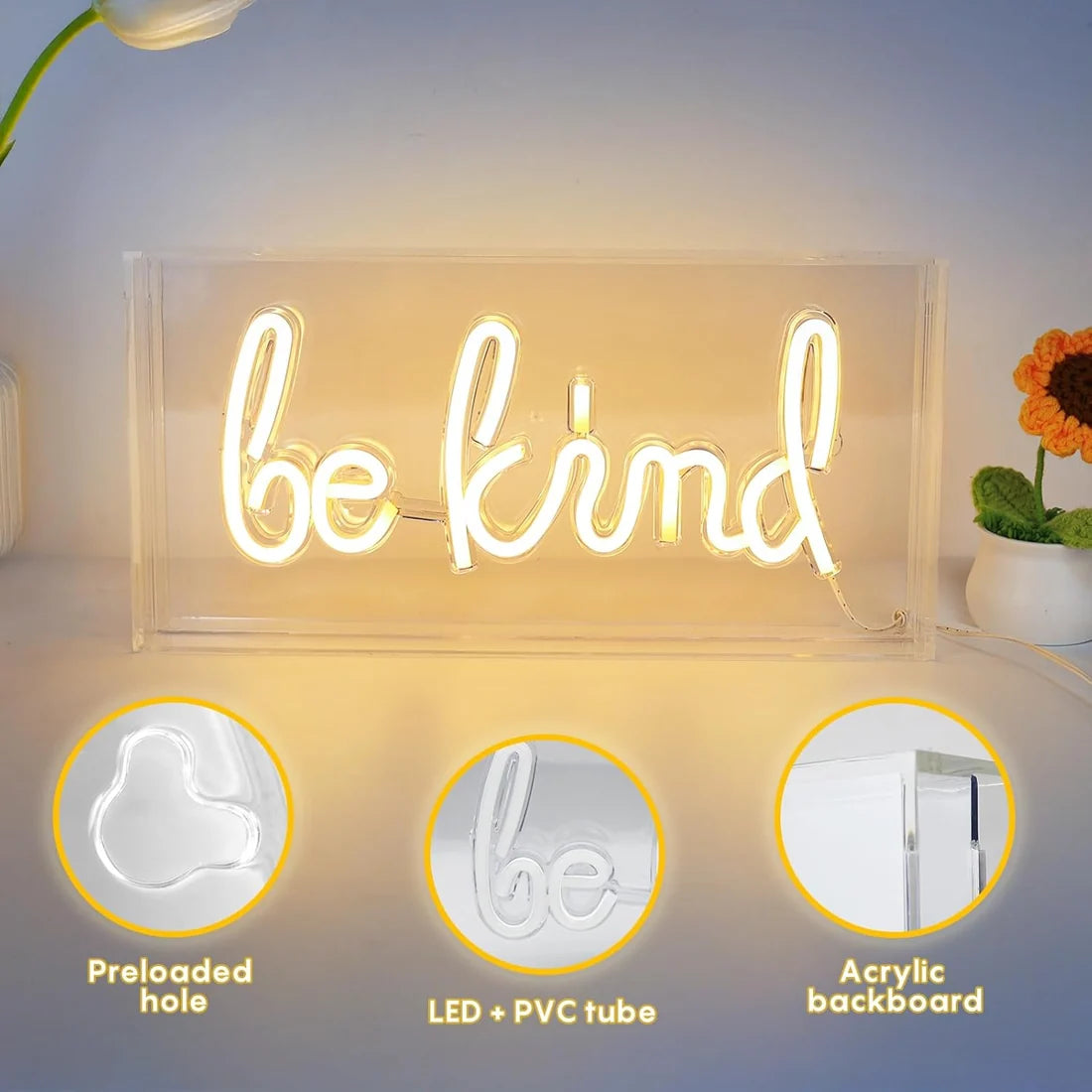 BE KIND Table LED Signs – Rectangular 11.8x5.9 inch | Warm White/Pink | USB Powered | Tabletop Display | For Study Desks, Home Offices, Shelves & Positive Lifestyle Decor