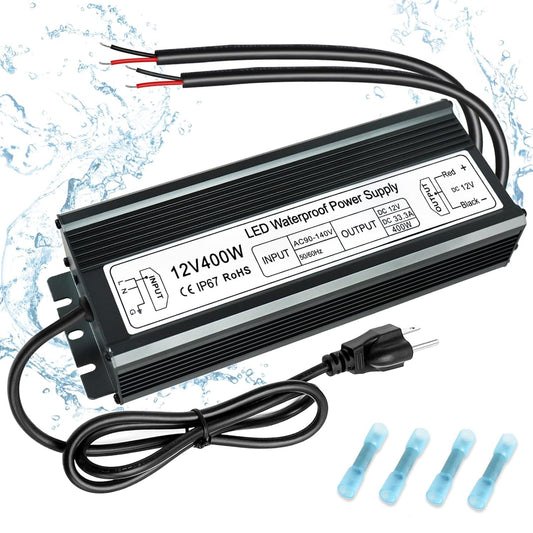 inShareplus 400 W 12 V Netzteil, AC 90–140 V auf DC 12 Volt 33,3 A LED-Treiber, IP67 wasserdichter Niederspannungstransformator für den Außenbereich mit standardmäßigem 3-poligen Stecker für LED-Leuchten und andere 12 V-Produkte 