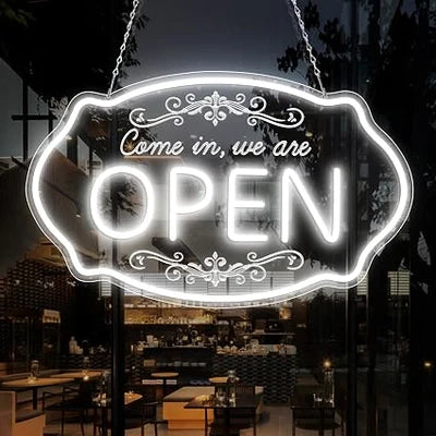 WE ARE OPEN COME IN LED Silicone LED Store Signs – 23.5×14 Inch & 16.5×10 Inch | 5V USB Powered Dimmable Light with Engraved Back Design for  Store Entrances & Business Locations