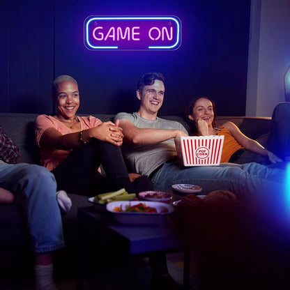 15.7×5.6 Inch Neon Wall Decor – GAME ON Silicone Neon Sign – 5V USB Powered Dimmable Blue & Pink Glow LED Wall Light | Neon Lamp with Accessories Included | Hanging Gaming Decor for Gaming Room, Bedroom, Setup & Party Spaces