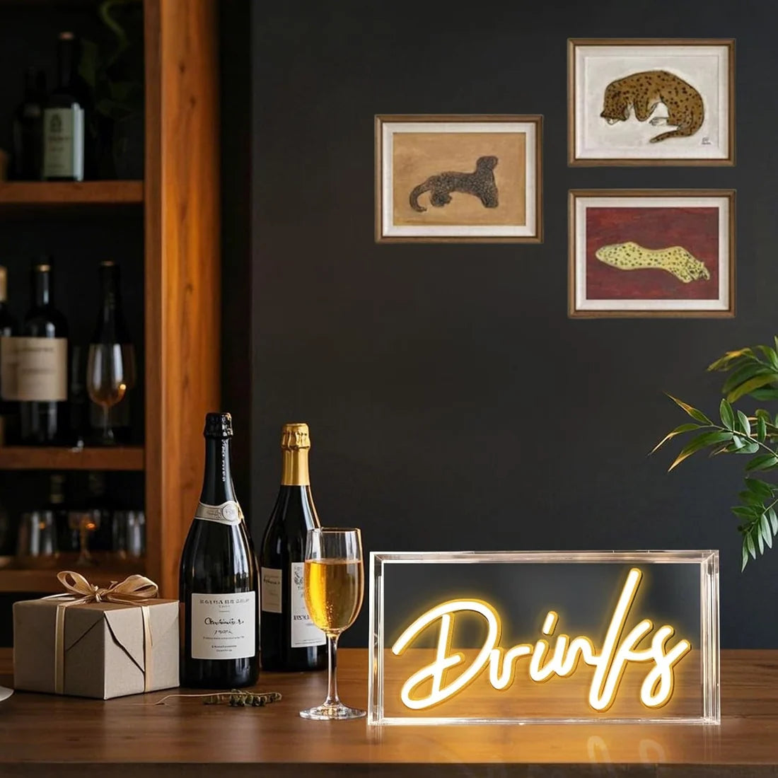 DRINKS Table LED Signs – Rectangular 11.8x5.9 inch | Warm White/Pink | USB Powered | Tabletop Display | For Coffee Stations, Beverage Counters, Lounge Spaces & Entertainment Areas
