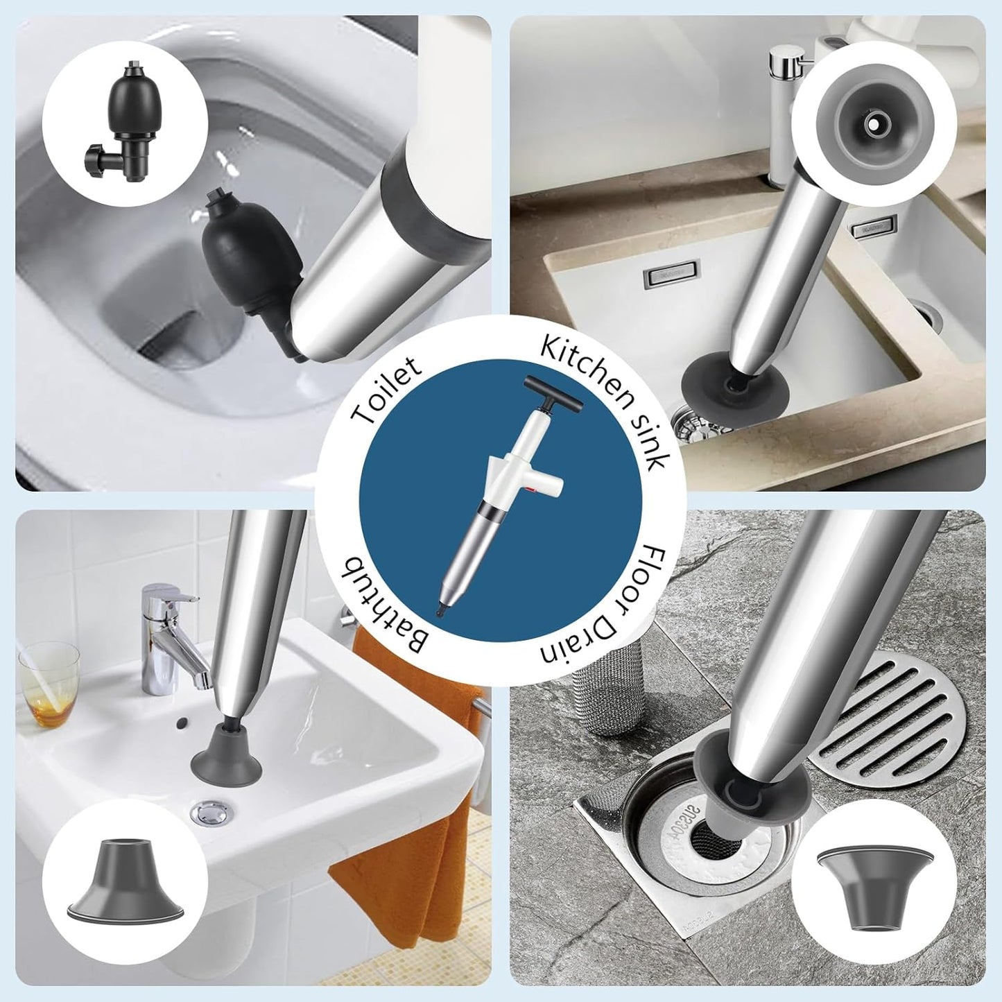 inShareplus Toilet Plunger, White Toilet Unblocker Heavy Duty, High Pressure Plunger Kit with 4 Replaceable Heads, Plunger Sink Unblocker for Unblocking Toilets, Sink, Bathtub, Floor, Drain