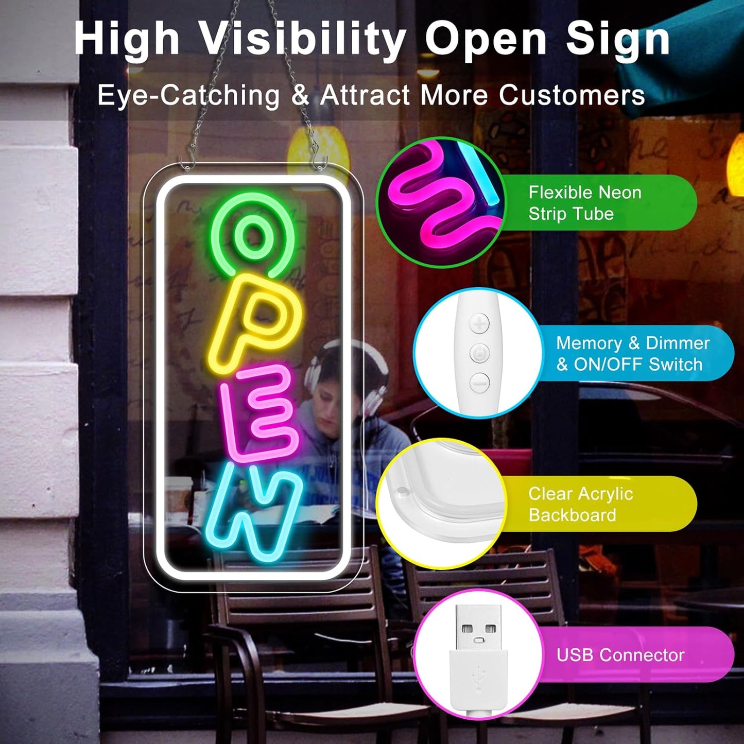 inShareplus 16,2 x 9,1 Zoll superhelles „Geöffnet“-Schild, verstellbares Neon-„Geöffnet“-Schild, „Geöffnet“-Schilder für Geschäftsfenster, Stromversorgung über USB mit EIN/AUS, LED-„Geöffnet“-Schild für Geschäfte, Restaurant-Bar-Hotelwand (vertikal) 