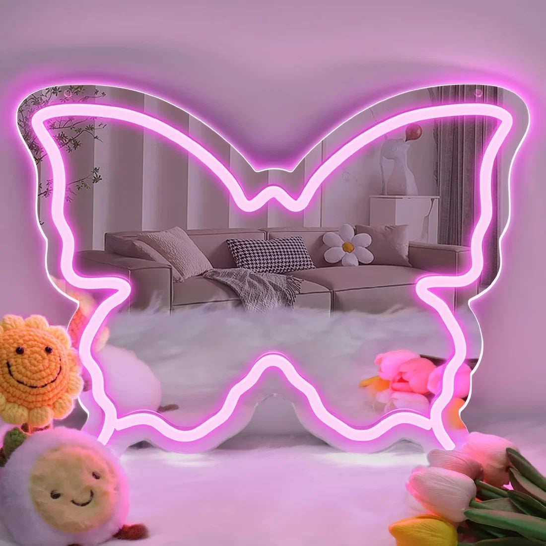 Pink Butterfly - Beauty Mirror Signs – 15.7×12 inch Neon Outline | USB Powered | Perfect for Girls Rooms, Beauty Corners & Fashion Decor