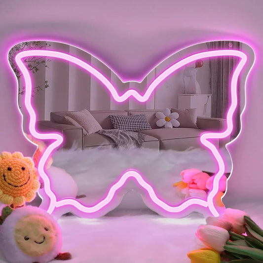 Pink Butterfly - Beauty Mirror Signs – 15.7×12 inch Neon Outline | USB Powered | Perfect for Girls Rooms, Beauty Corners & Fashion Decor