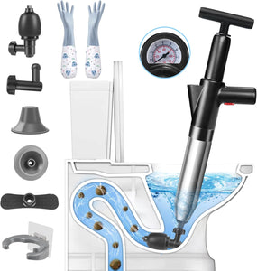 inShareplus Toilet Plunger, Black Toilet Unblocker Heavy Duty, High Pressure Plunger Kit with 4 Replaceable Heads and 1 Gloves Plunger Sink Unblocker for Unblocking Toilets, Sink, Bathtub, Floor