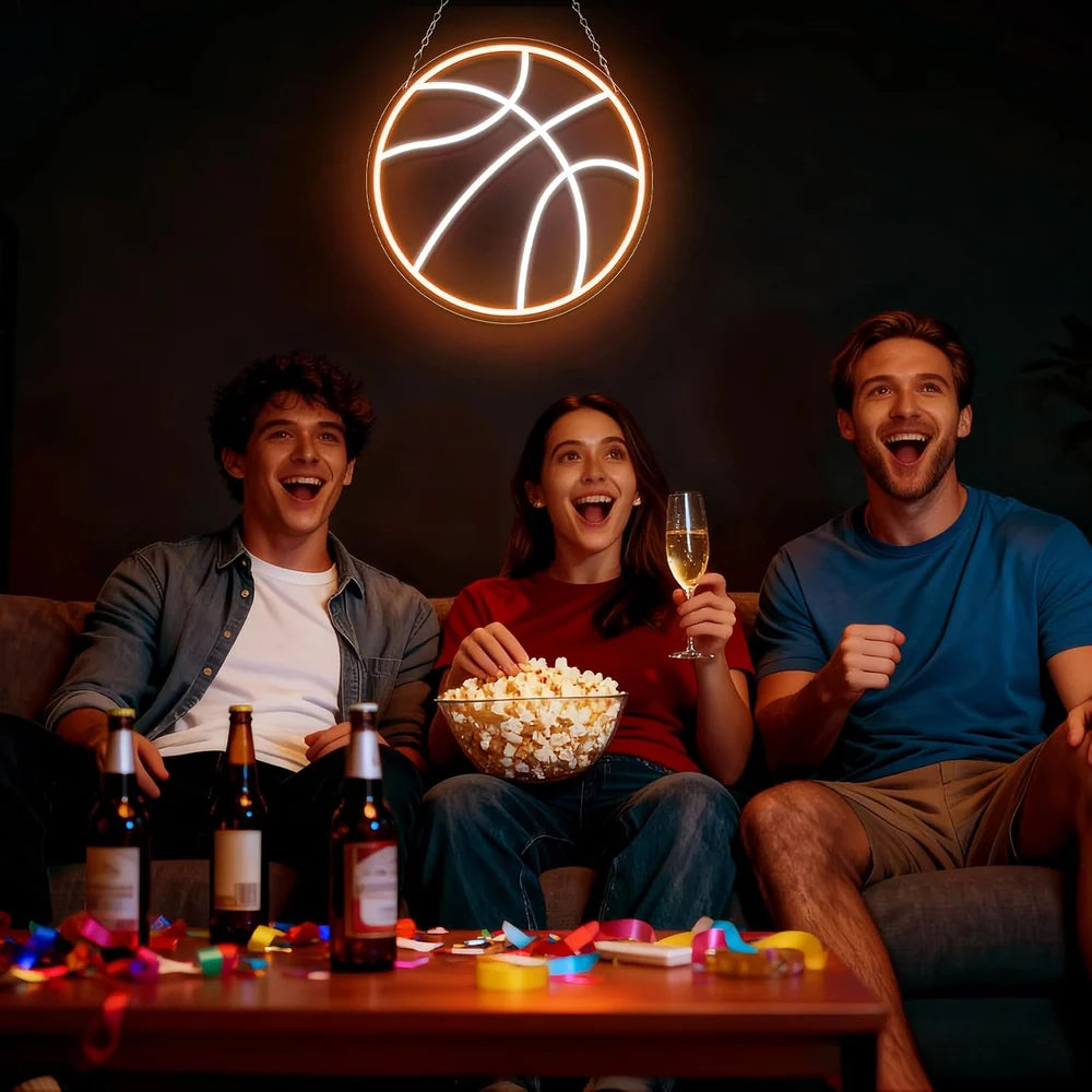 12.5×12.5 Inch Neon Wall Decor – Basketball Silicone Neon Sign – 5V USB Powered Dimmable Orange & White Glow LED Wall Light | Neon Lamp with Accessories Included | Hanging Sports Decor for Bedroom, Game Room, Bar & Party Spaces