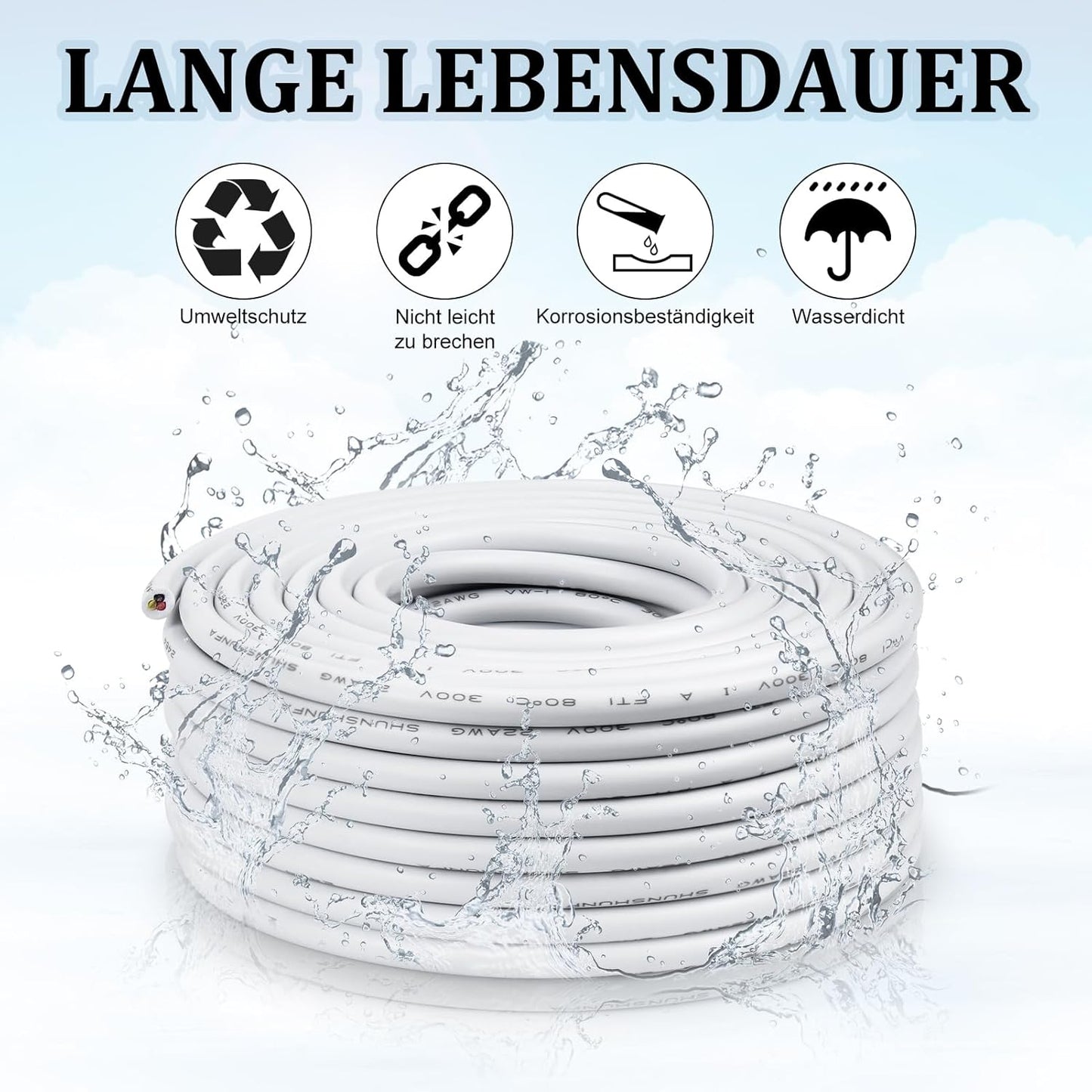 inShareplus 2 x 0.3 mm² 10 m 22AWG Electric Cable 2-Core Cable, 5V/12V/24V Underground Cable White Tinned Copper Cable, 300V Flexible and Soft Power Cable High Temperature Resistance Extension Cable 10 m