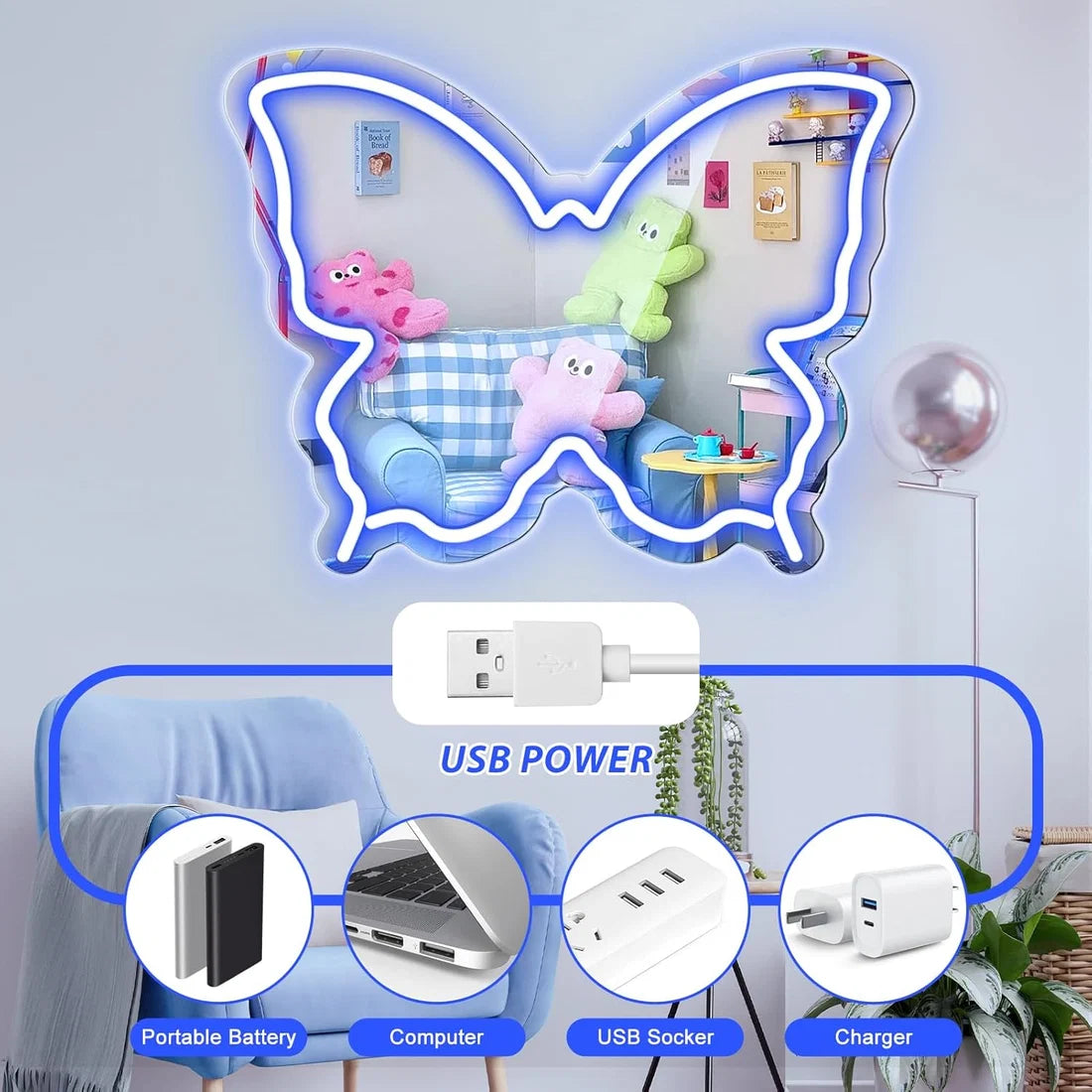 Blue Butterfly - Beauty Mirror Signs – 15.7×12 inch Neon Outline | USB Powered | Perfect for Makeup Stations, Bedroom Decor & Beauty Spaces