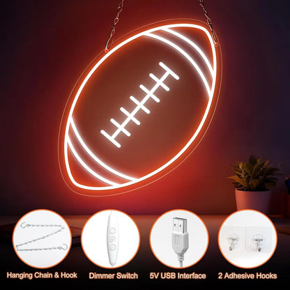 16×10 Inch Neon Wall Decor – Rugby Ball Silicone Neon Sign – USB Neon Light Orange & White Glow LED Wall Light | Neon Lamp with Accessories Included | Hanging Sports Decor for Bedroom, Game Room, Bar & Party Spaces