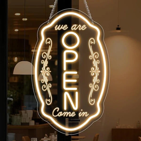 WE ARE OPEN COME IN LED Silicone LED Store Signs – 16.5×10 Inch (42×25 cm) | 5V USB Powered Warm White Dimmable Light with Horizontal & Vertical Style for  Store Entrances & Business Locations