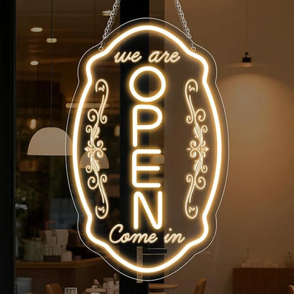WE ARE OPEN COME IN LED Silicone LED Store Signs – 16.5×10 Inch (42×25 cm) | 5V USB Powered Warm White Dimmable Light with Horizontal & Vertical Style for  Store Entrances & Business Locations