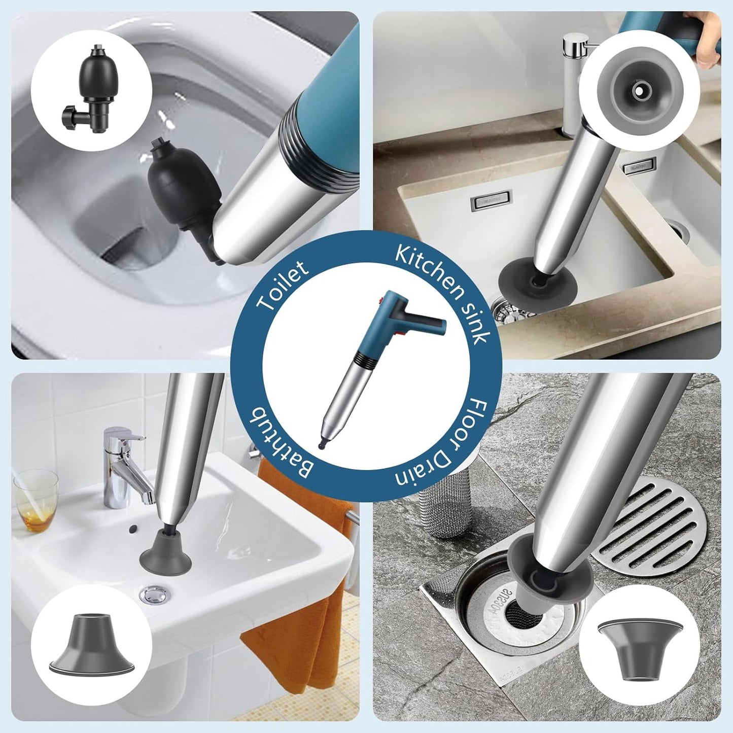 inShareplus Toilettenstampfer, weißer Toilettenreiniger, robust, Hochdruck-Pümpel-Set mit 4 austauschbaren Köpfen, Pümpel-Entblocker zum Entstopfen von Toiletten, Badewannen, Böden und Abflüssen 