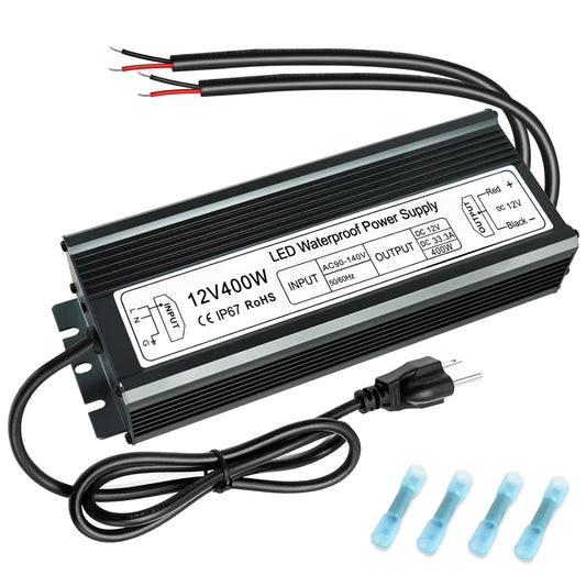 inShareplus 400 W 12 V Netzteil, AC 90–140 V auf DC 12 Volt 33,3 A LED-Treiber, IP67 wasserdichter Niederspannungstransformator für den Außenbereich mit standardmäßigem 3-poligen Stecker für LED-Leuchten und andere 12 V-Produkte 