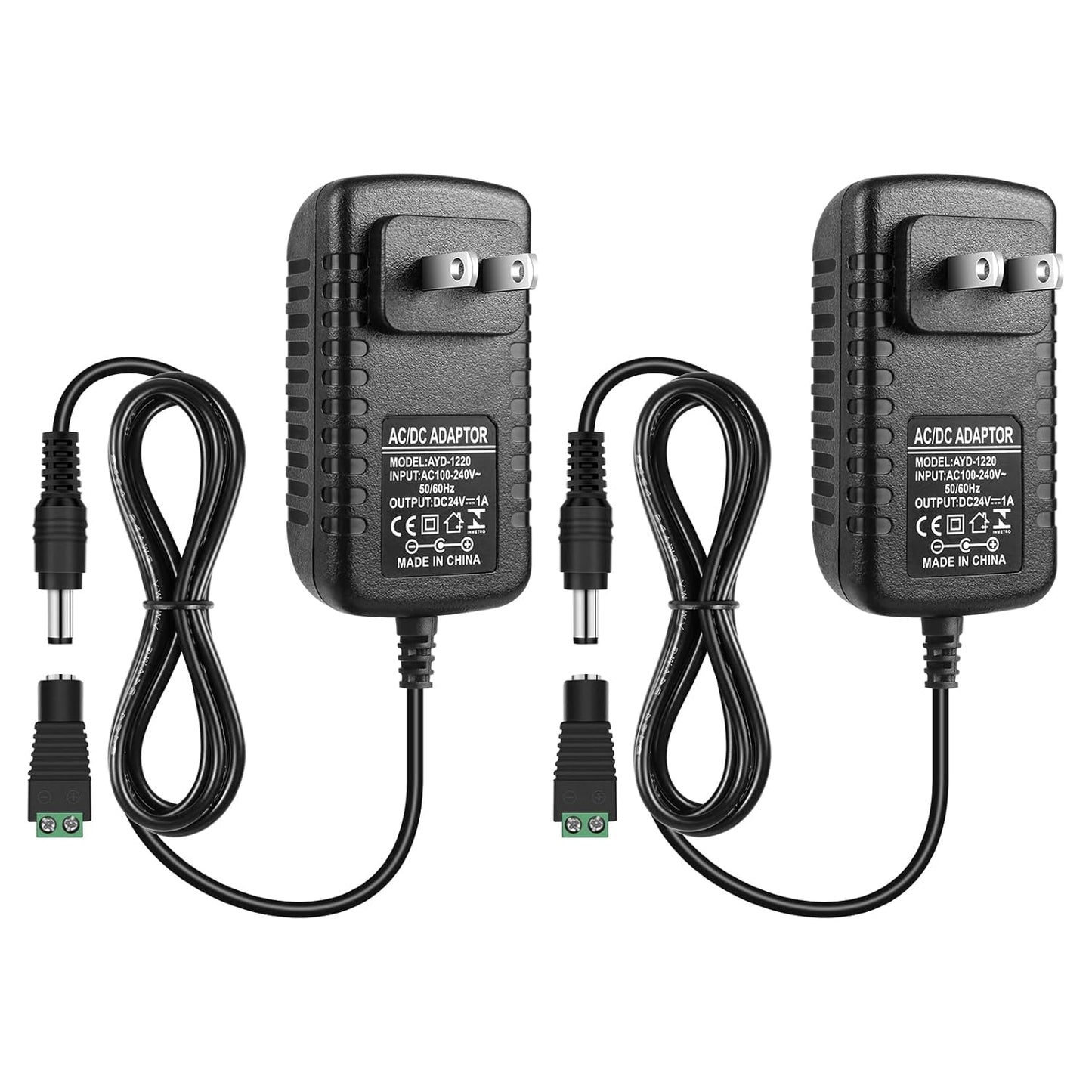 inShareplus 2 Pack DC 24V Power Supply, 100-240V AC to DC 24 Volt 1A 24W LED Driver, Low Voltage Transformer with 5.5mm x 2.1mm DC Plug, Wall Adapter for 24V LED Strip Light, CCTV Camera