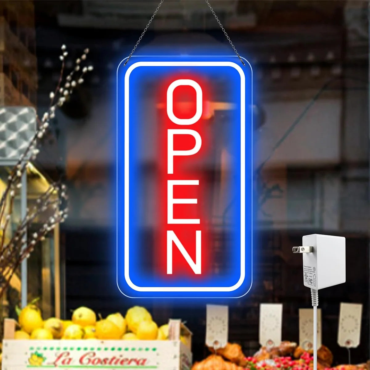 OPEN LED Store Signs – Vertical Rectangular | 5 Glow Color Options | 16×9 / 23×12 inch | Window Hanging |  Plug & Play for  Store Entrances & Business Locations