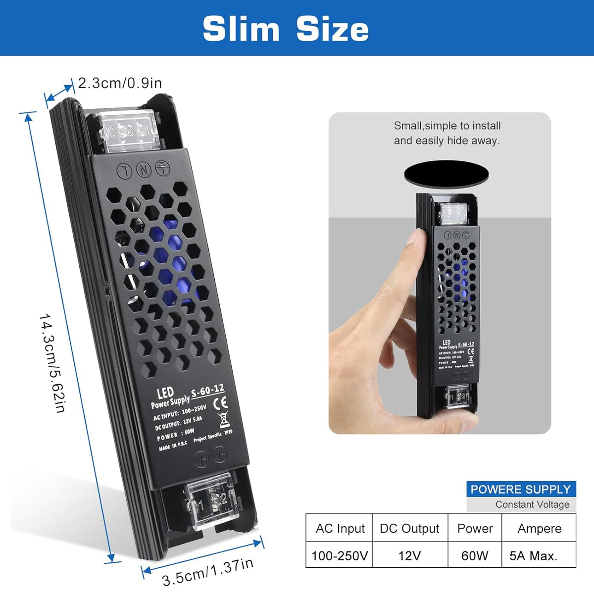inShareplus LED Driver 12V 60W 5A, Slim LED Power Supply AC 240V to 12V DC Adapter, Constant Voltage LED Transformer for LED Strip Lights, LED Strip Cabinet Lights, LED Bulbs and Indoor Lamps.