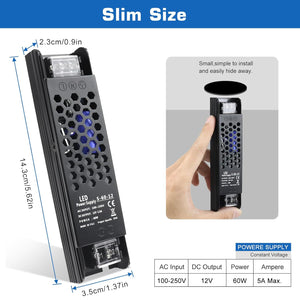 inShareplus LED Driver 12V 60W 5A, Slim LED Power Supply AC 240V to 12V DC Adapter, Constant Voltage LED Transformer for LED Strip Lights, LED Strip Cabinet Lights, LED Bulbs and Indoor Lamps.