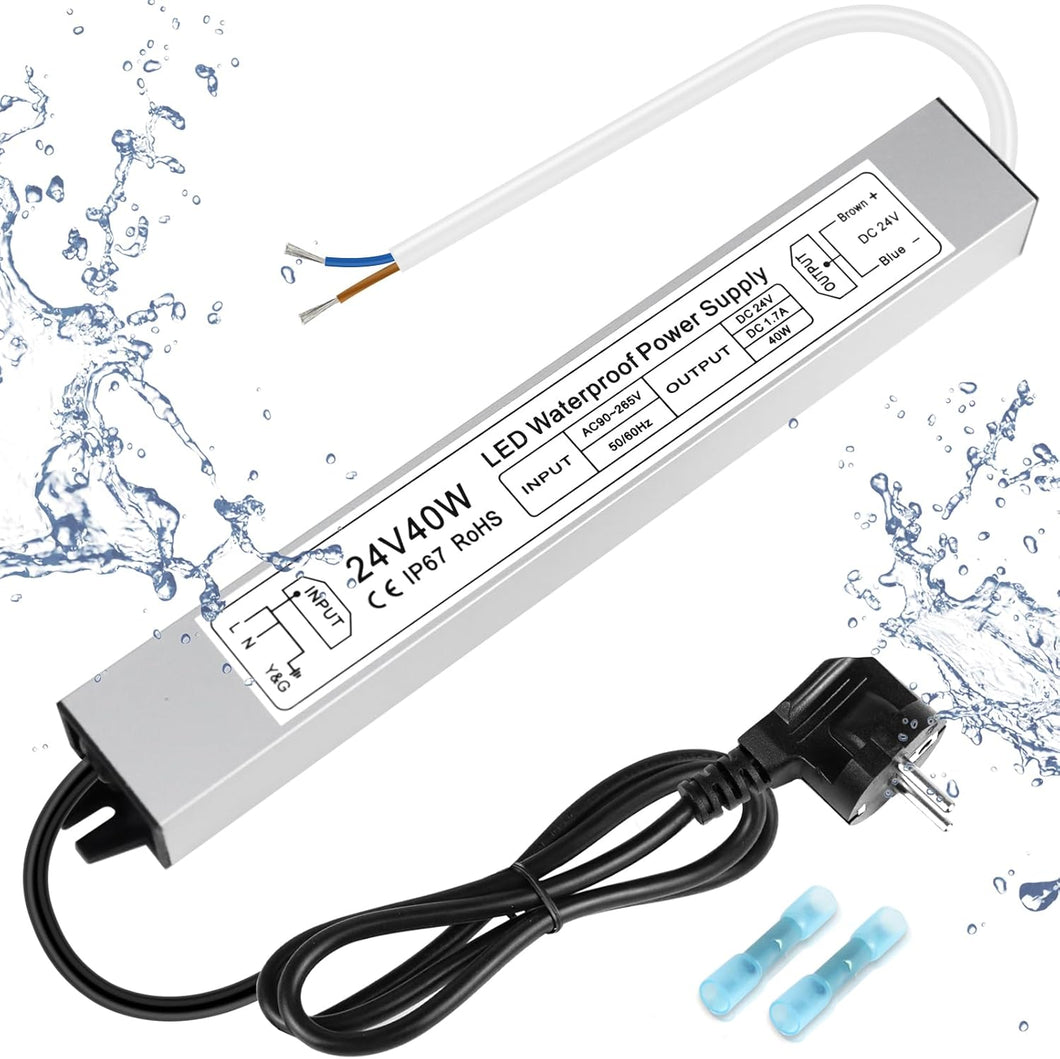 inShareplus LED Transformer 24 V 1.7 A 40 W IP67 Waterproof Outdoor Driver, AC 90-265 V to DC 24 Volt Low Voltage Transformer, 24 V Power Supply for LED Light, Computer Project, Outdoor Use