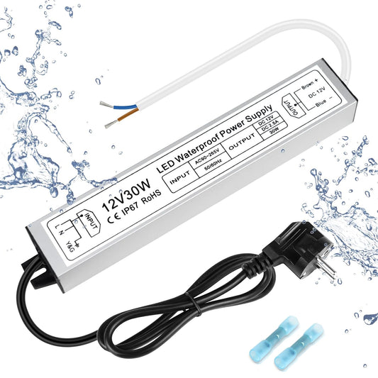 inShareplus LED Transformer 12 V 2.5 A 30 W IP67 Waterproof Outdoor LED Driver 12 V, AC 90-265 V to DC 12 Volt Low Voltage Transformer, 12 V Power Supply for LED Light, Computer Project, Outdoor Use
