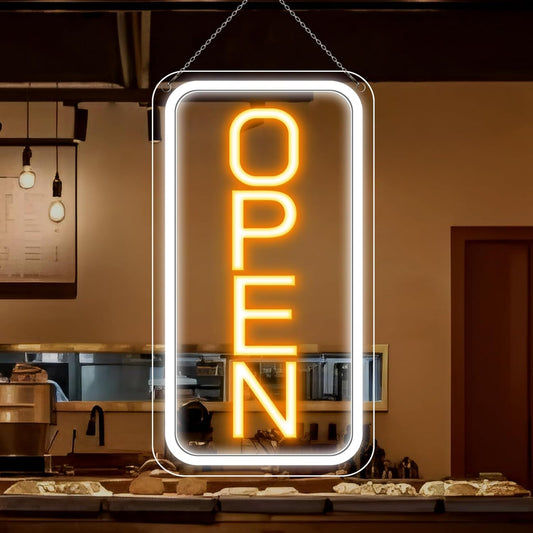 inShareplus 40,6 x 22,9 cm superhelles „Geöffnet“-Schild, 12 V LED-Neon-„Geöffnet“-Schilder für Geschäfte für Fenster, mit EIN/AUS-Schalter, elektrisch leuchtende Schilder für Geschäfte, Restaurants, Einzelhandelsgeschäfte (Gelb-Weiß-Vertikal) 