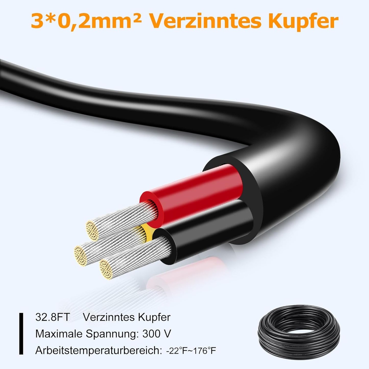 inShareplus 24AWG 3 x 0.2 mm² 10 m Electric Cable 3-Core Cable, 5V/12V/24V Underground Cable Tinned Copper Cable, 300V Flexible and Soft Power Cable High Temperature Resistance Extension Cable 10 m