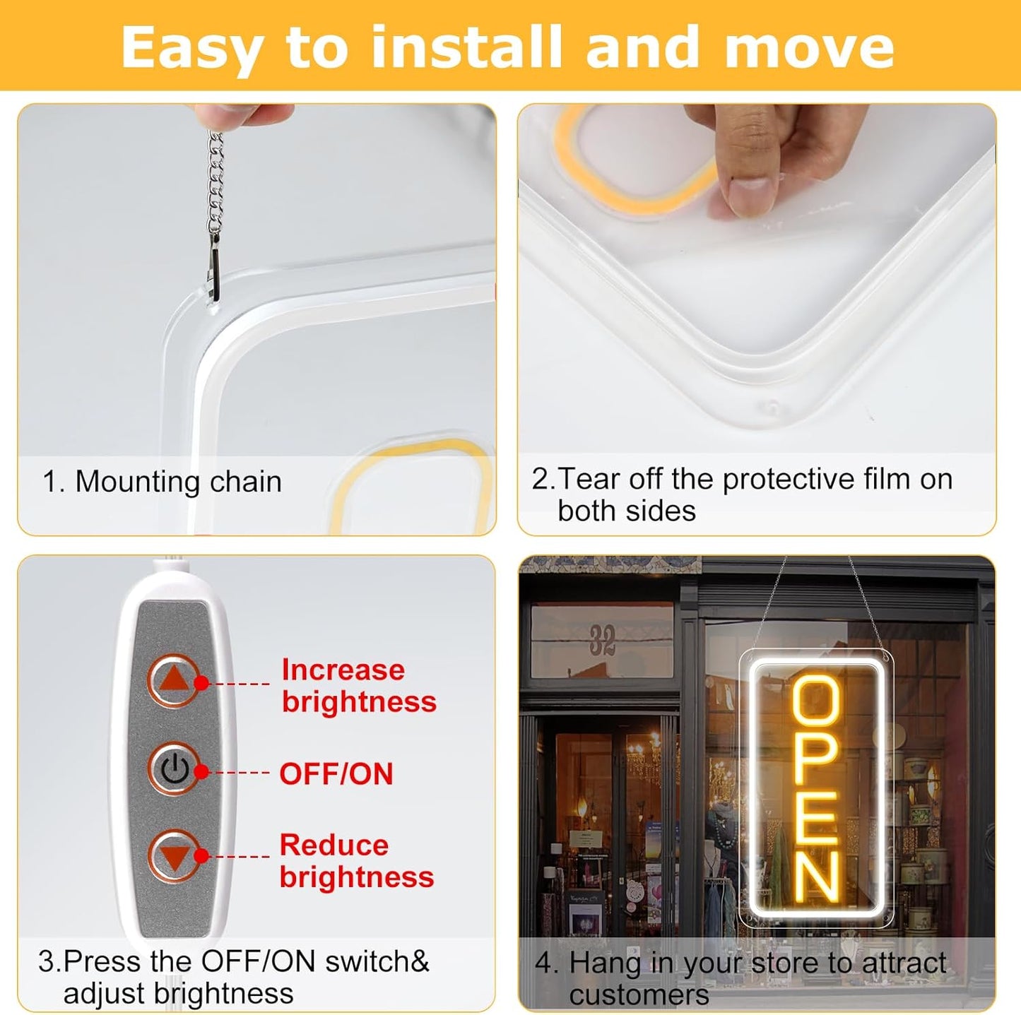 inShareplus 40,6 x 22,9 cm superhelles „Geöffnet“-Schild, einstellbare Helligkeit, Neon-„Geöffnet“-Schilder für Geschäftsfenster, Stromversorgung über USB mit Ein/Aus, LED-„Geöffnet“-Schild für Cafés, Geschäfte, Restaurants, Bars und Hotels 