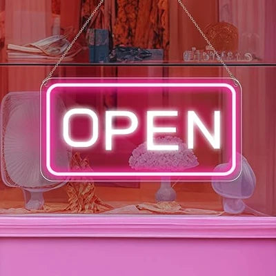 OPEN LED Store Signs – 22.8×11.8 Inch | 12V Powered Pink & White Glow Light | Horizontal & Vertical Style with US Plug for  Store Entrances & Business Locations