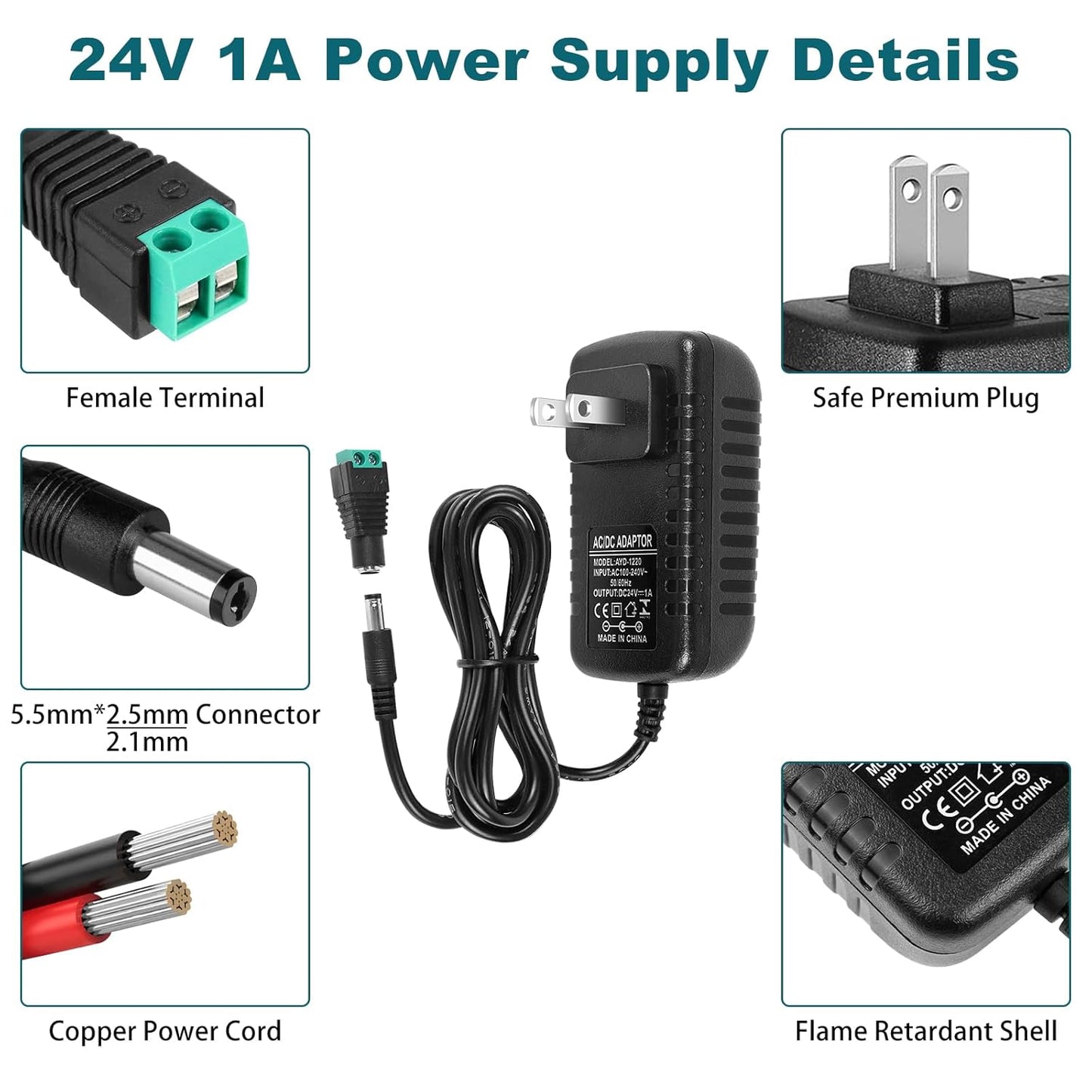 inShareplus 2 Pack DC 24V Power Supply, 100-240V AC to DC 24 Volt 1A 24W LED Driver, Low Voltage Transformer with 5.5mm x 2.1mm DC Plug, Wall Adapter for 24V LED Strip Light, CCTV Camera