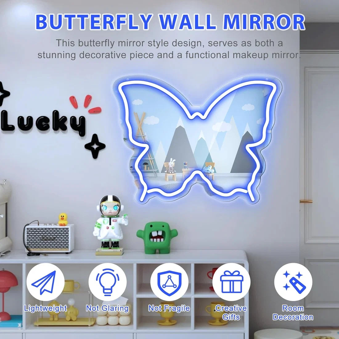 Blue Butterfly - Beauty Mirror Signs – 15.7×12 inch Neon Outline | USB Powered | Perfect for Makeup Stations, Bedroom Decor & Beauty Spaces
