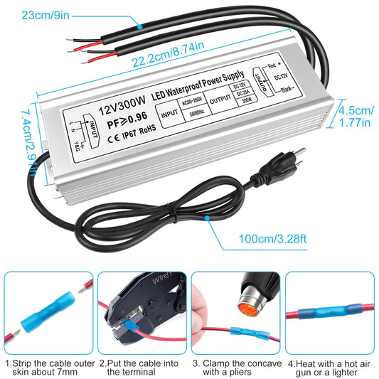 inShareplus 12-V-Netzteil, 300-W-LED-Treiber, AC 90–265 V auf DC 12 Volt 25 A Konverter, IP67 wasserdichter Niederspannungstransformator mit standardmäßigem US-3-poligem Stecker für LED-Leuchten und andere 12-V-Produkte 