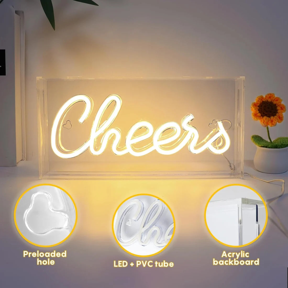 CHERRS Table LED Signs – Rectangular 11.8x5.9 inch | Warm White/Pink | USB Powered | Tabletop Display | For Cocktail Corners, Party Setups, Guest Rooms & Celebration Decor